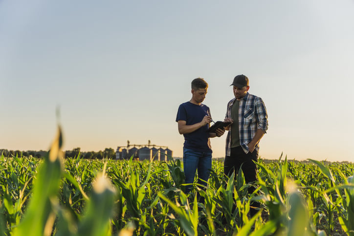  
Two men standing in field with clipboard
